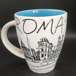 Rome Skyline Souvenir Mug – Aqua Blue Interior – 4" Tall (Missing Spoon)